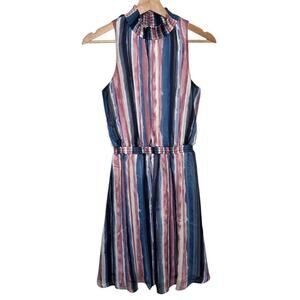 Chenault Blue Pink Vertical Stripes Smocked Neckline Sleeveless Dress Size S
